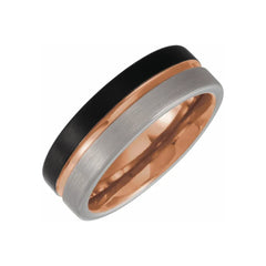 18K Rose Gold PVD & Black PVD Tungsten Flat Satin Grooved Band Size
