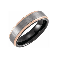18K Rose Gold PVD & Black PVD Tungsten Flat Grooved Satin Band