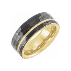 18K Yellow Gold PVD & Black PVD Tungsten Flat Grooved Hammered Band
