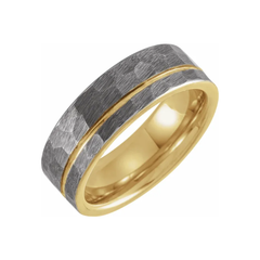 18K Yellow Gold PVD Tungsten Flat Grooved Hammered Band Size 10
