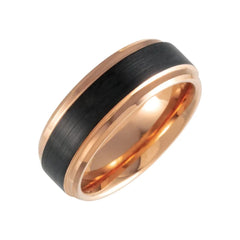 18K Rose Gold PVD & Black PVD Tungsten Beveled Stepped Edge Satin Band
