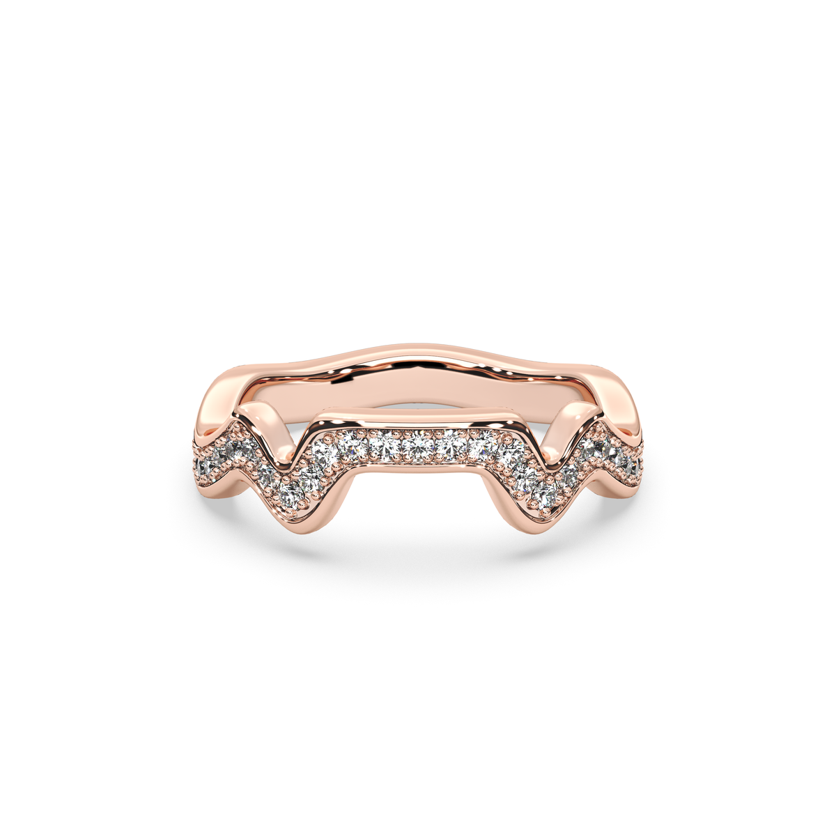 A rose gold band ring with a series of pave set diamonds creating a mountain range contour design.