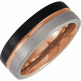 18K Rose Gold PVD & Black PVD Tungsten Flat Satin Grooved Band Size