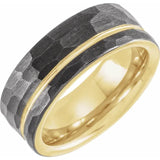 18K Yellow Gold PVD & Black PVD Tungsten Flat Grooved Hammered Band