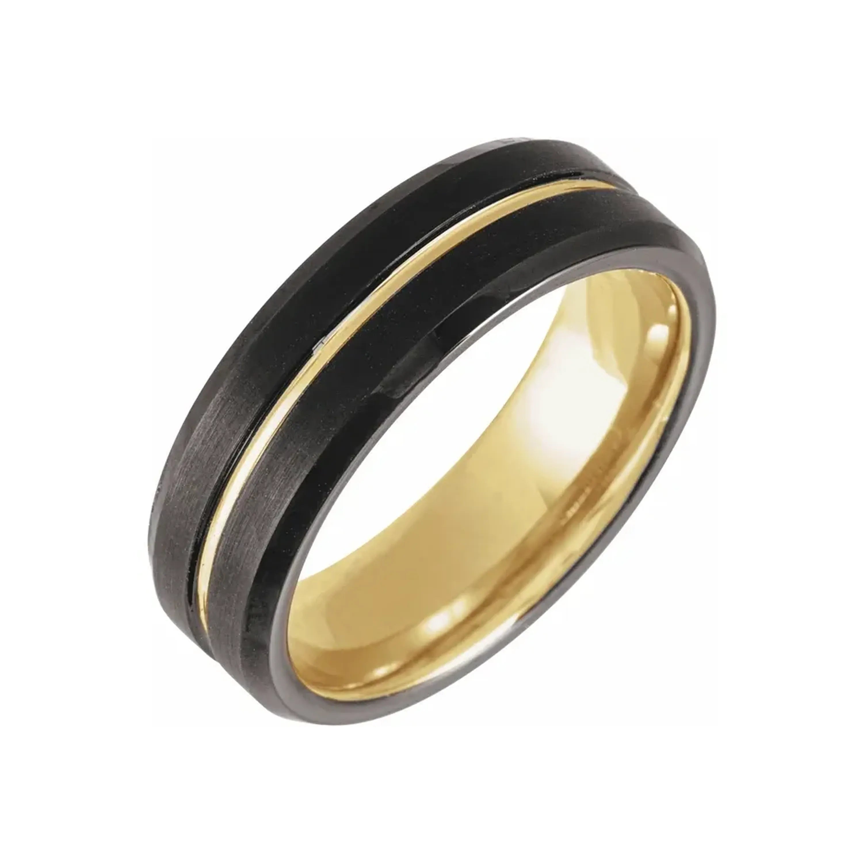 18K Yellow Gold PVD & Black PVD Tungsten Grooved Beveled Band