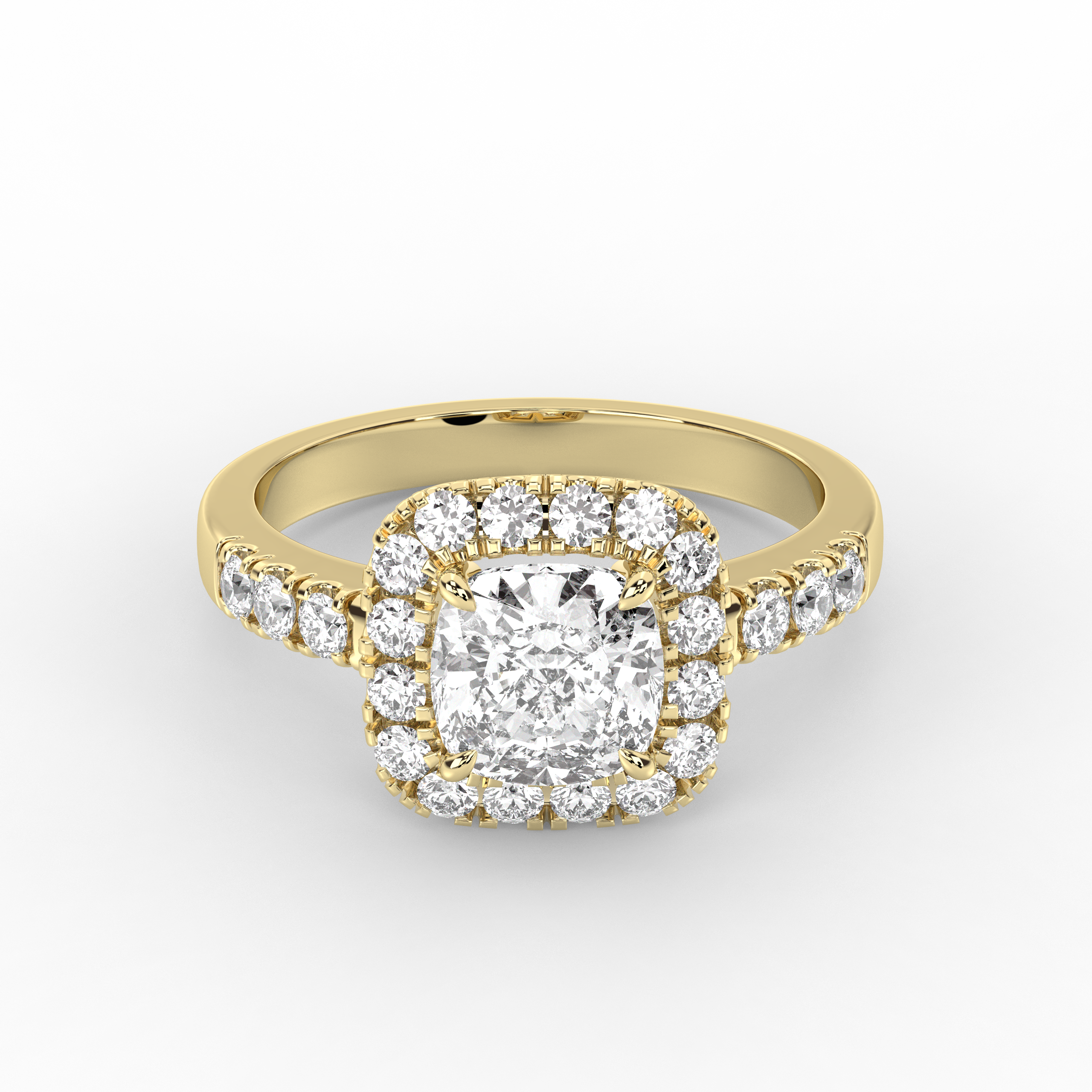 Gold ring with a diamond halo on a light gray background