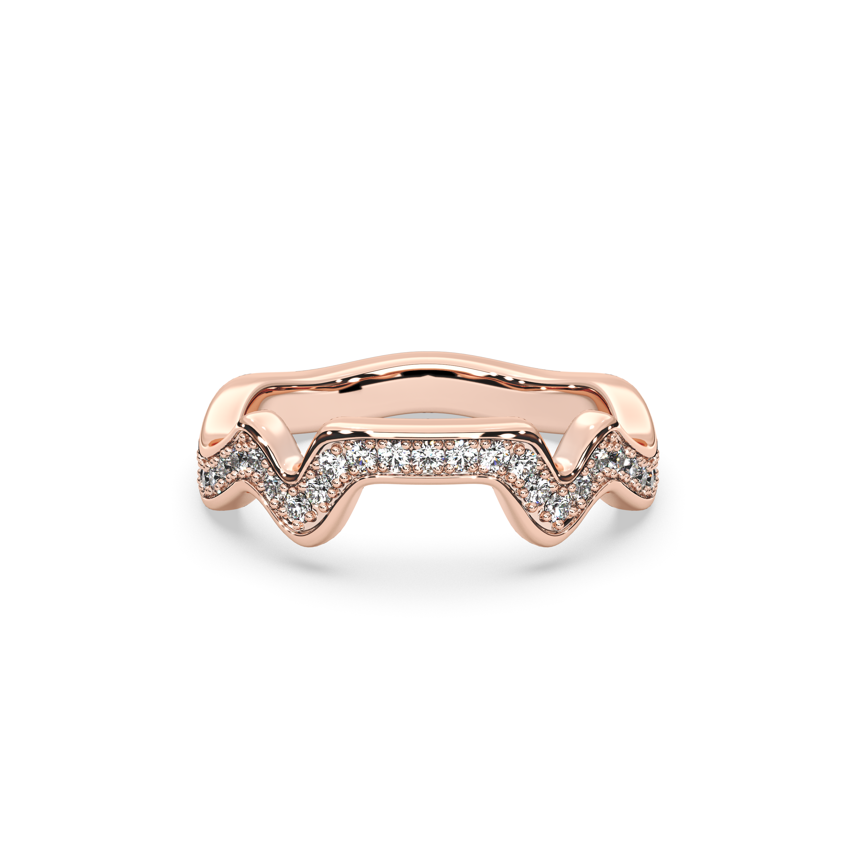 A rose gold band ring with a series of pave set diamonds creating a mountain range contour design. Main image