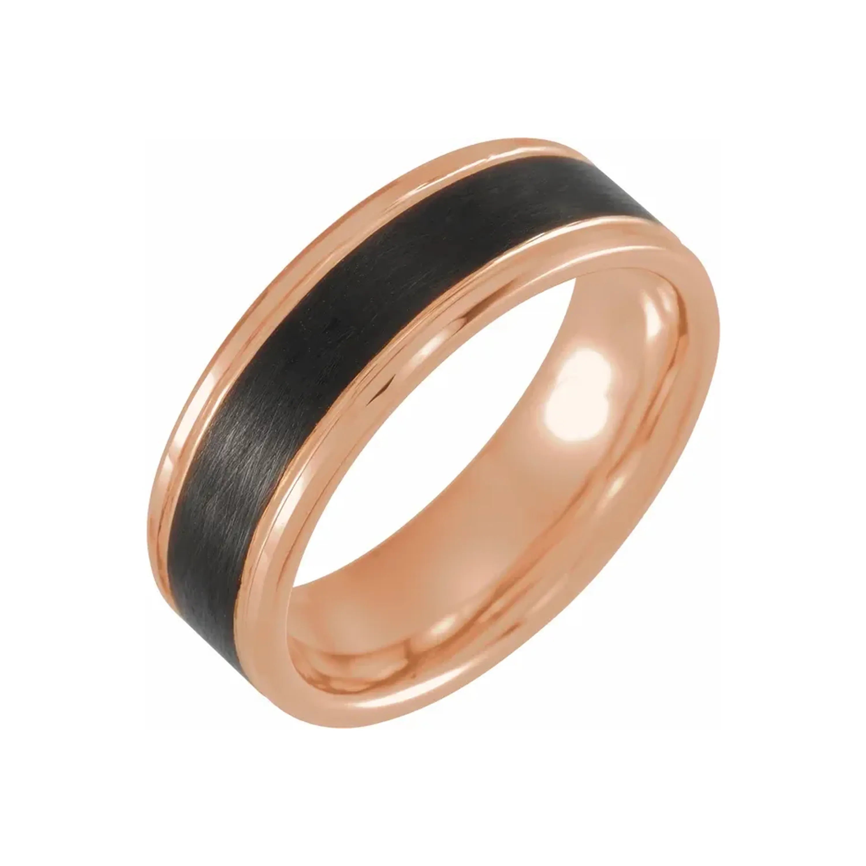 18K Rose Gold PVD & Black PVD Tungsten Beveled Stepped Edge Satin Band Secondary image